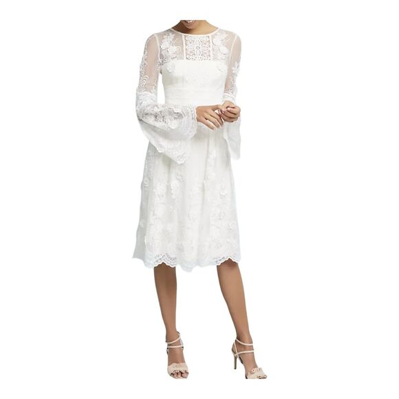 MONIQUE L HUILLIER White Lace Bell-Sleeve Tiered Bridal Party Dress 4P‎ NWT $500 - Picture 1 of 16